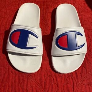 Champion Kids White Slides with Blue and Red Logo